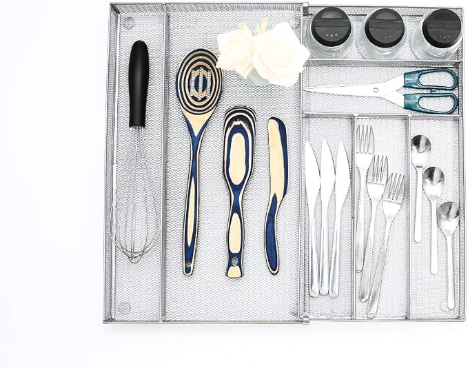 JANE EYRE Utensil Drawer Organizer - Expandable Cutlery Tray, Silverware/Flatware Storage Divider for Kitchen, Mesh Designing with Non-slip Rubber Feet (Silver) - Image 8