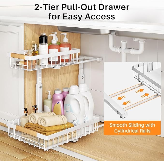 PXRACK Under Sink Organizer, Adjustable Height, 2 Tier Pull Out Under Cabinet Organizer, Slide Out Thickened Metal Under Sink Storage for Kitchen Bathroom Laundry Pantry Cabinet, White, Large-1-Pack - Image 3