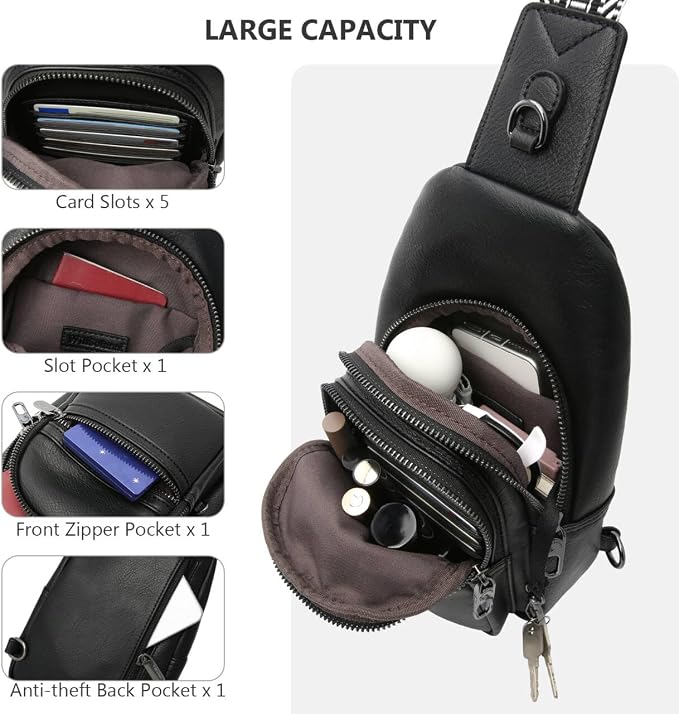 Anti-theft Sling Bags Women Small PU Leather Chest Fanny Pack | RFID Blocking,Safety Zipper,5 Card Slots,Adjustable Strap,Large Capacity,Multi Pockets,Faux Leather,Daypack,Bum Bags,Travel - Image 7