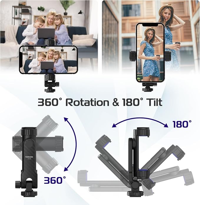 Kaitezenz Cell Phone Tripod Mount, Universal Tripod Phone Mount with 2 Cold Shoes, 360° Rotates 180° Tilts Camera Hot Shoe Phone Mount Smartphone Tripod Holder Adapter for iPhone Samsung All Phone - Image 4