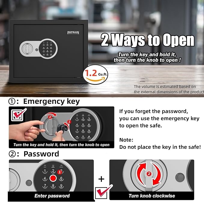 [ 1.2 Cu.ft. ]PATRON Fireproof Safe for Home,Digital Security Home Cabinet Safes for Money Cash Documents,Safe Box with Electronic Keypad,Removable Shelf for Office Business 1.2 Cu.ft. - Image 3
