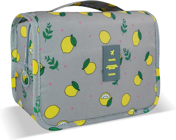 Lcsmaokin Large Capacity Toiletry Bag Travel Bag with Hanging Hook for Men and Women Waterproof Travel Cosmetic Bag Bathroom Storage Bag for Brushes Set,Full-Sized Shampoo,Accessories-Grey Lemon by Lcsmaokin