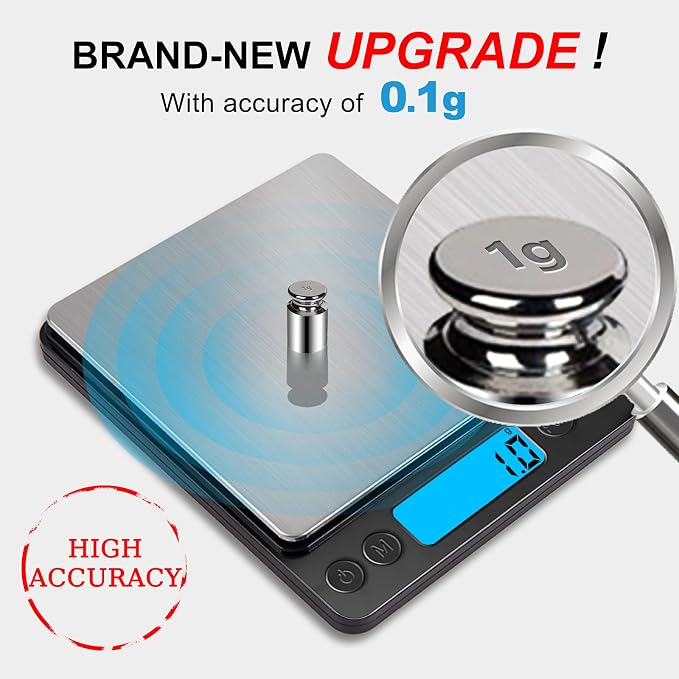 Digital Food Kitchen Scale Upgraded, YONCON 3000g/0.1g High Accuracy Mini Pocket Scale Measures in Grams and oz for Cooking, Baking, Jewelry, Tare Function,2 Trays, LCD Display (Batteries Included) - Image 2