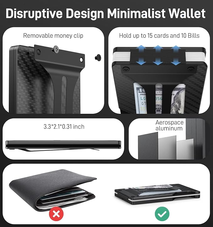 Minimalist Wallet for Men, Slim Metal RFID Blocking Wallet Credit Card Holder Money Clip & Cash Strap, Scratch-Resistant Holds 15 Cards,Ideal Gift for Men | Carbon Fiber - Image 4