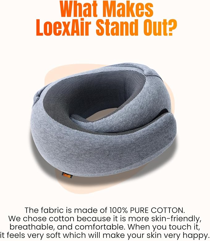 LOEXAIR™ Hooded Pro Travel Pillow - Memory Foam Neck Support Pillow for Airplane, Flight - Super-Soft Pure Cotton Fabric, Maximum Privacy & Light-Block Design, Lightweight Full Travel Kit - Light Grey - Image 8