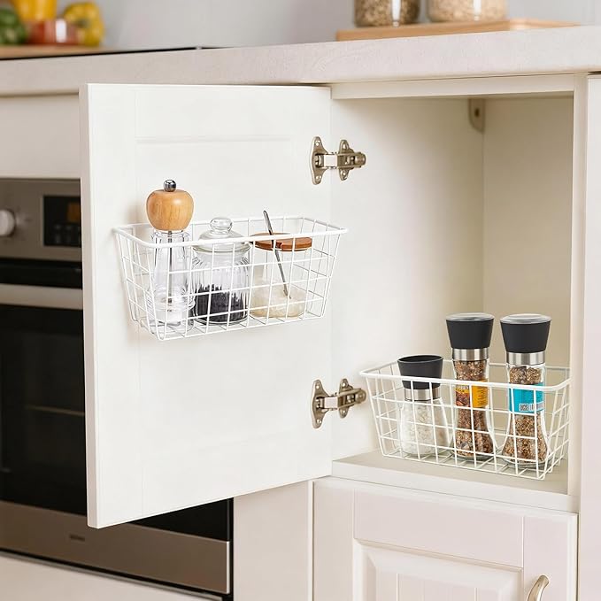 LeleCAT Hanging Kitchen Baskets For Storage Adhesive Sturdy Small Wire Storage Baskets No Drilling Wall Mounted Kitchen Food Pantry Bathroom Shelf Storage, 4 PACK,White - Image 4
