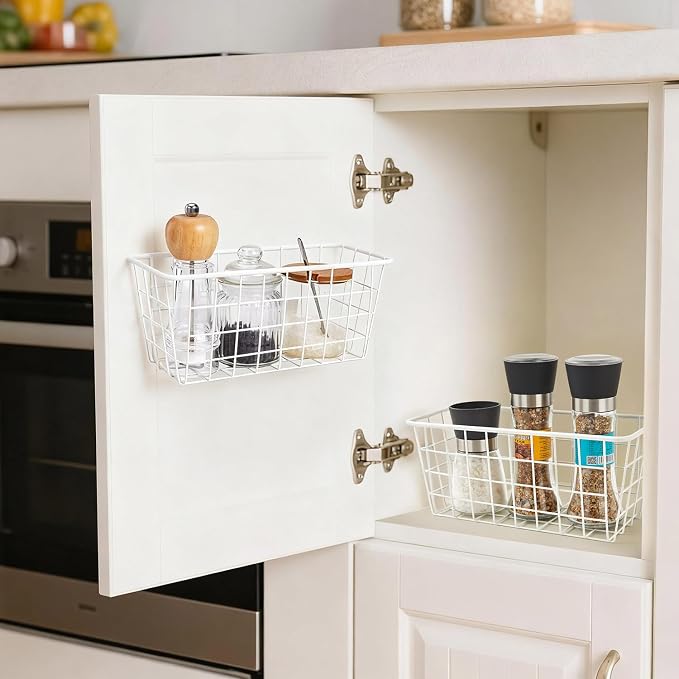 2 Set LeleCAT Hanging Wall Basket Organizer Over the Cabinet Door Adhesive Wire Baskets for Organizing Kitchen Food Pantry Bathroom Shelf Storage No Drilling Wall Mounted,White - Image 6