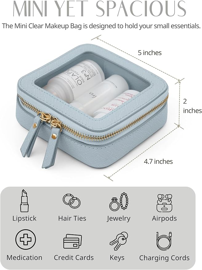 Clear Makeup Bag Travel Cosmetic Case Transparent Toiletry Bag with Zipper, Portable Make Up Organizer Traveling Compact Car Bag for Essentials, Light Blue, Mini - Image 5