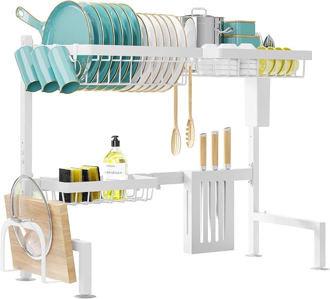Sakugi Over The Sink Dish Drying Rack - Adjustable 2 Tier Large Capacity Stainless Steel Drainer with Cutlery & Utensil Holders, Kitchen Storage & Organization, 30"-33.9" L x 11" W x 21.5" H, White - Image 4
