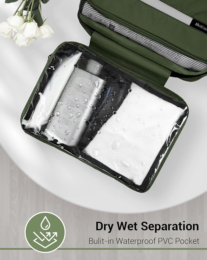 Maliton Toiletry Bag for Men & Women Travel Toiletry Bag Hanging Toiletry Bag Hygiene Organizer with 4 Compartments Waterproof Bathroom Shower Bag Large Toiletries Travel Bag (Olive Green) - Image 5