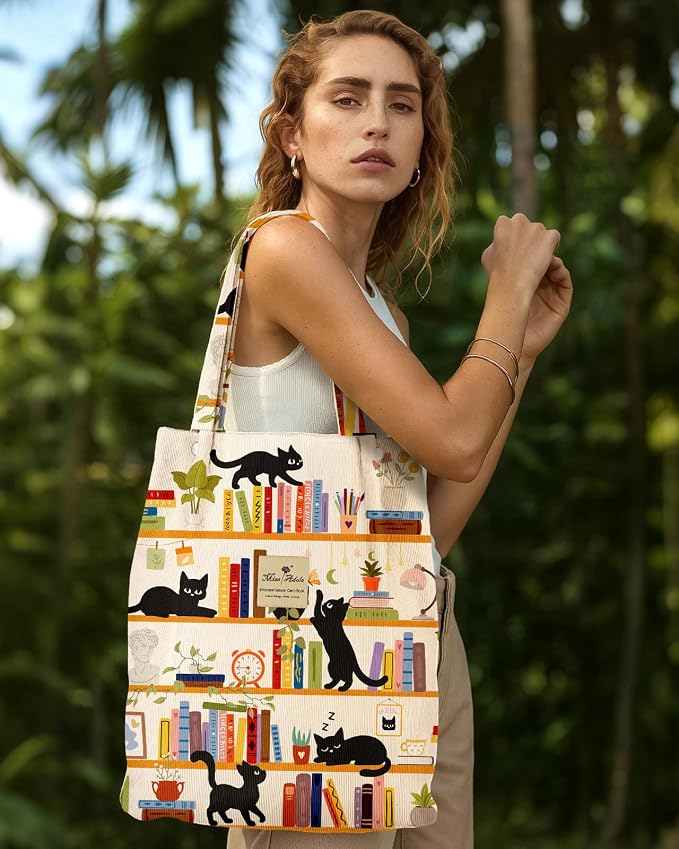 Miss Adola Corduroy Tote Bag for Women with Aesthetic Design | Magnetic Buckle & Pocket, Reusable, Soft, Roomy, Long Shoulder Handles, Double-sided Print, Casual Daily Work, Grocery Bags - Image 3