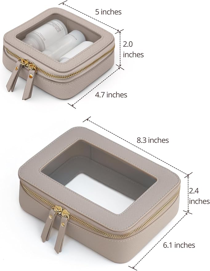 Clear Makeup Bag with Zipper, Set of 2, Mini and Medium, Stone | Clear Travel Bags for Toiletries, Structured Cosmetic Case for Women, Waterproof PU Leather, Wide Open Portable Car Organier - Image 2
