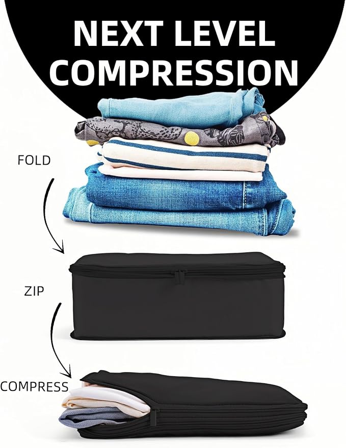 6 Set Compression Packing Cubes for 7–14 Day Travel, Jet Black | Nylon Oxford Fabric, Full Breathable Mesh, Reinforced Double-Zipper, Small to Large Size Bag, Expandable Packing System - Image 2