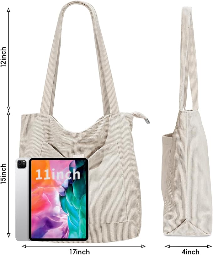Iioscre Corduroy Tote Bag for Women,Hobo HandBags with Zipper | Large Capacity Casual Shoulder Bag with Inner Pockets for Shopping Work Daily Travel. - Image 6