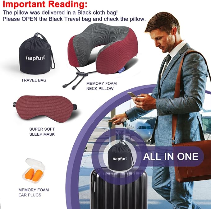 napfun Neck Pillow for Travel with Travel Pouch, Sleep Mask & Earplugs, Memory Foam Airplane Pillow for Headrest Sleep with Eyeshades, Plane Essentials with Eye Blindfold, Burgundy Striped Kit - Image 6