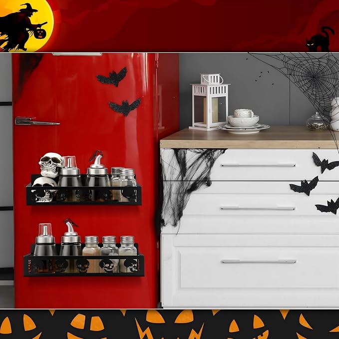Beeveer 2 Pcs Magnetic Spice Rack for Refrigerator, Black Skull | Halloween Gothic Kitchen Decor, Spooky Home Accessories, 2 Sizes Metal Storage Shelf for Fridge Spices, No Drilling - Image 5