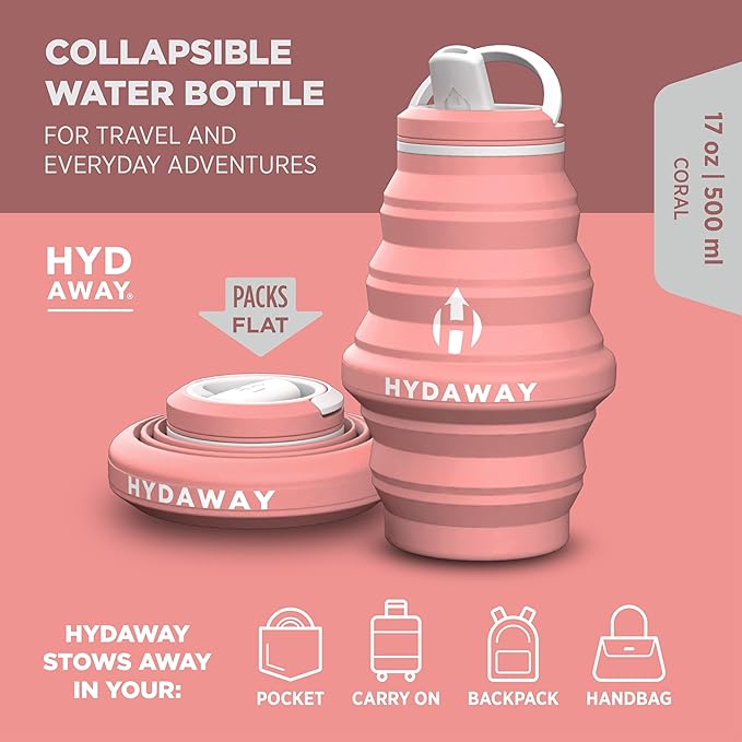 HYDAWAY 17oz Collapsible Water Bottle, Packable Leakproof for Travel | Travel-first design. Fold flat to 1.5 in for carry-ons, purses, seatbacks. Leakproof, BPA-free, dishwasher safe. - Image 2