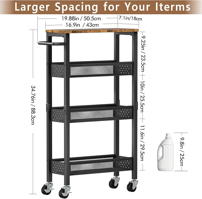 Slim Storage Cart with Wheels, 4 Tier Metal Rolling Organizer with Wood Top and Handle, Narrow Utility Shelf for Kitchen Bathroom Laundry Room, Black - Image 3
