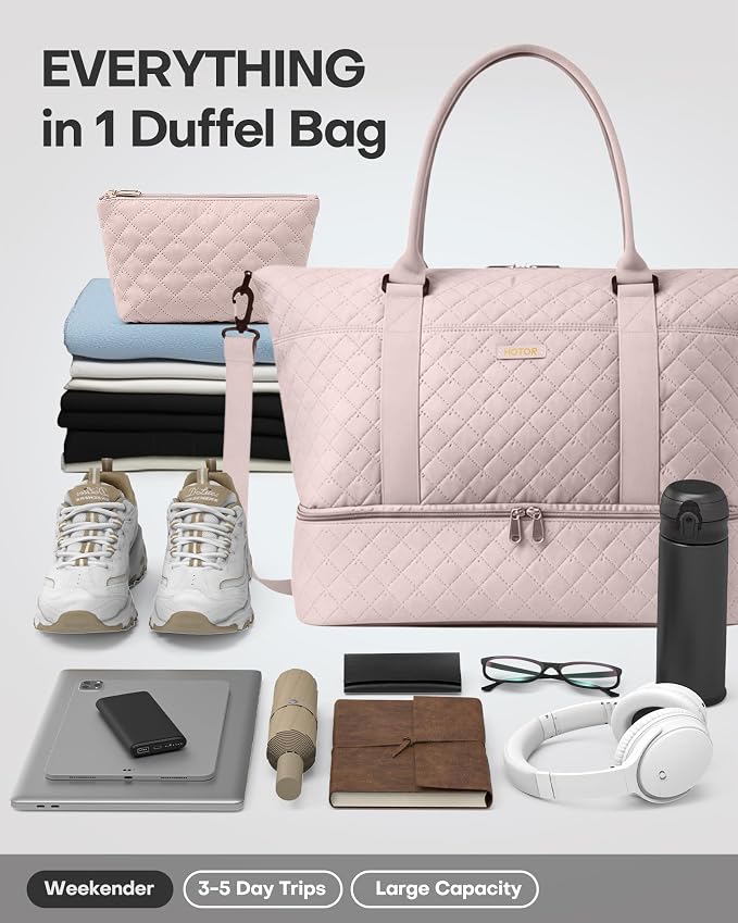 HOTOR Travel Duffel Bag - Weekender Bags for Women, Carry On Gym Tote Bags | with Toiletry Bag & Shoe Compartment, Overnight Bag for Travel Essentials and Travel Accessories, Pink, 13.4"×17.3"×7.9" - Image 5