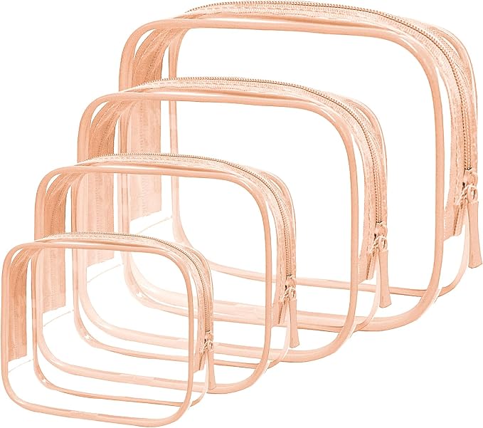 Clear Toiletry Bag, 4 Packs TSA Approved Water resistant Quart Size Travel Organizer, Airport Airline Travel Essential Carry On Makeup Cosmetic Bags for Women (Light Pink, Pack of 4) by LETGO