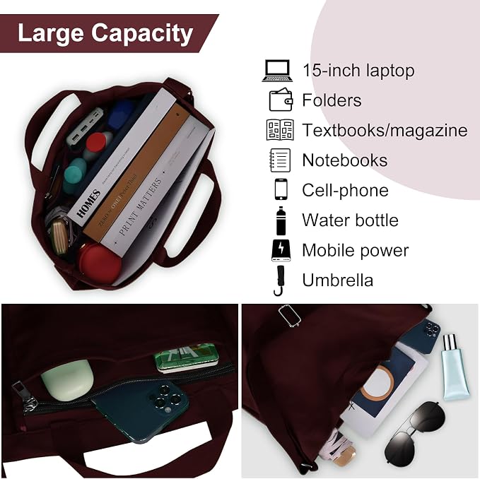 Women's Canvas Tote Bag inside Out Bag with Adjustable Crossbody Strap for Work Travel Shopping Durable Handbag for Men - Image 4