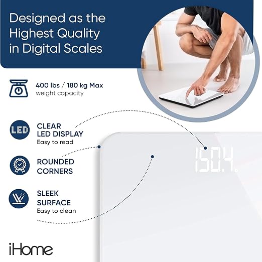 iHome Digital Scale, Bathroom Scale, Batteries Included, Scale Body Weight, Weight Scale, Digital Scale, Bathroom Scales for Weight, Digital Scales for Body Weight (White) - Image 6
