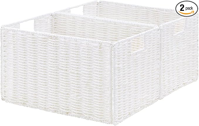 Wicker Storage Basket, Set of 2 Hand-Woven Paper Rope Wicker Basket, Large Storage Baskets for Organizing, Foldable Large Cube Storage Organizer Bins for Shelves (White) by Vagusicc