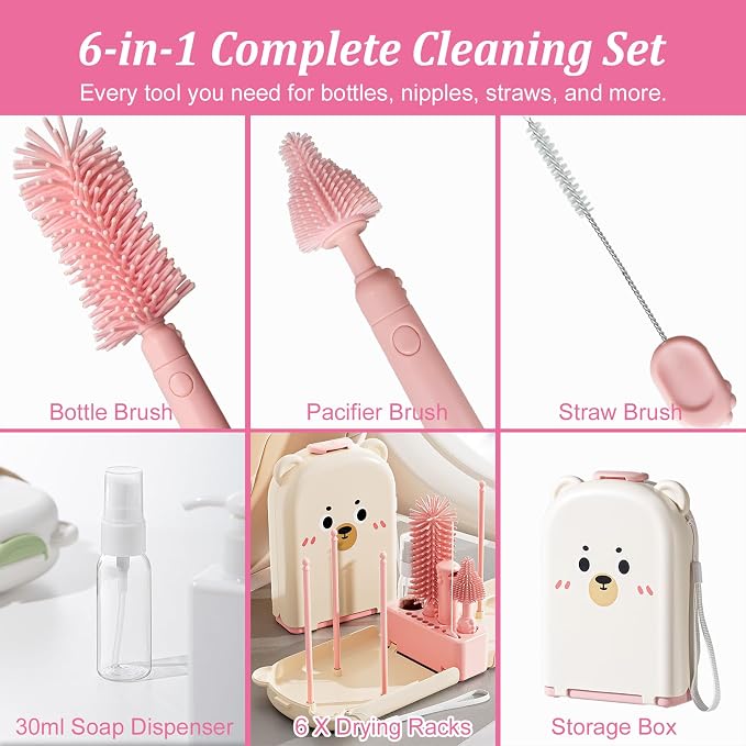 Pink Travel Baby Bottle Cleaner Kit – 6-in-1 Portable Brush Set with Drying Rack & Storage Case | Baby Travel Essentials for Flying, Newborn Bottle Cleaning & Breast Pump Parts On-The-Go - Image 3