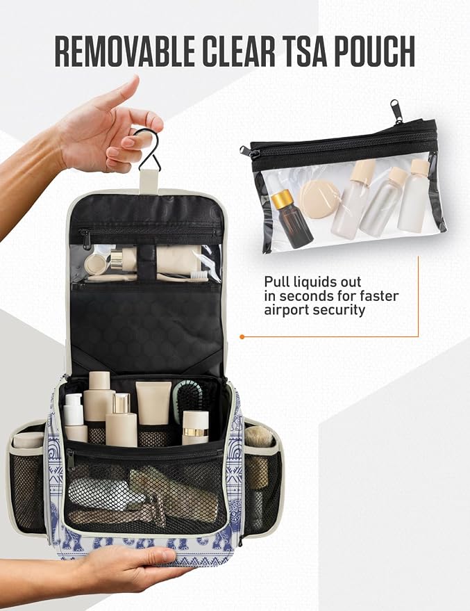 VENTURE 4TH Hanging Travel Toiletry Bag, 17 Compartments - Blue Elephant | Hangs on rails, hooks or doors; stands upright too. Removable TSA pouch. Water-resistant 900D Nylon, reinforced stitching. - Image 9