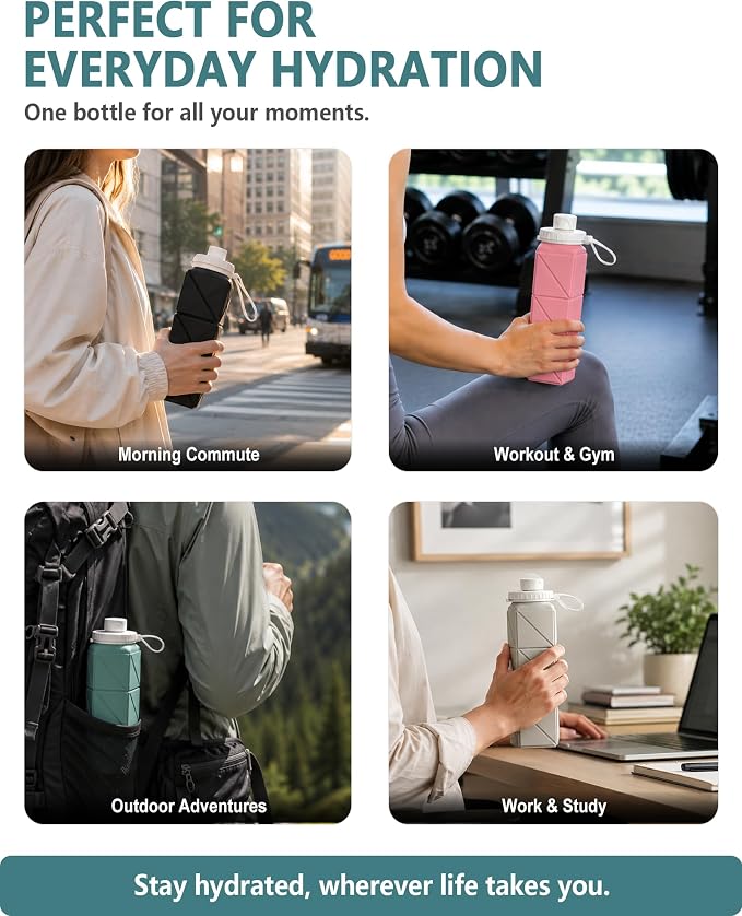 BEAUTAIL Collapsible Water Bottles 21oz/610mL, Silicone Travel Water Bottle | BPA Free, Leakproof & Reusable, Foldable Water Bottle for Traveling, Hiking, Gym, School, Sports, Outdoor, 1-Pack, Blue - Image 6