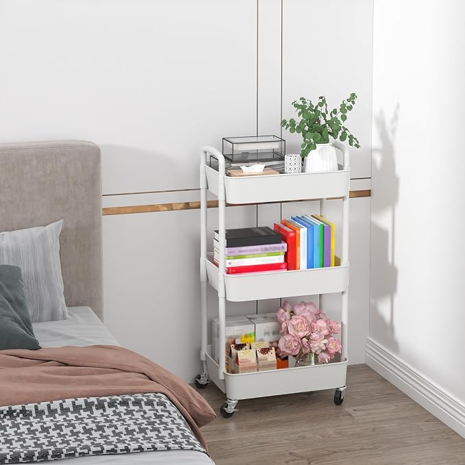 Sywhitta 3-Tier Plastic Rolling Utility Cart with Wheels for Storage,White | Multi-Functional Storage Trolley, for Office, Living Room, Kitchen, Bathroom,Movable Organizer,Space-Saving,Easy to assemble - Image 7