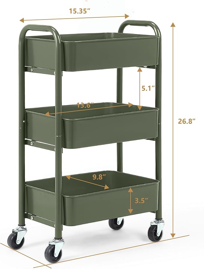 SunnyPoint 3-Tier Delicate Compact Rolling Metal Storage Organizer - Mobile Utility Cart Kitchen/Under Desk Cart with Caster Wheels - Army (15.35" X 10.24" X 26.8"H) - Image 6