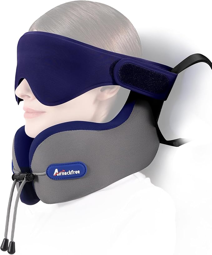 Travel Neck Pillow for Airplane,Memory Foam,3D Eye Mask | 360 Ergonomic Pillow Head Neck Chin Sleep Support Essentials for Traveling/Long-haul Light/Car/Train/Office/Home Grey by AirNeckFree
