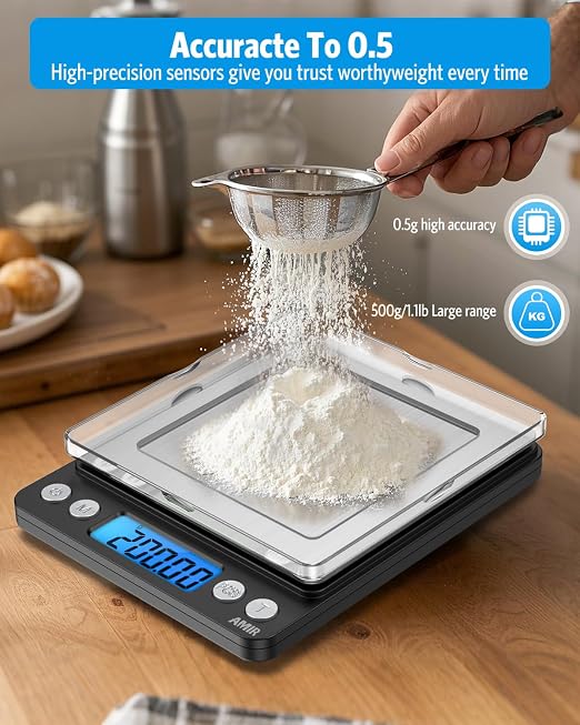 AMIR Digital Kitchen Scale, 500g/0.01g Mini Pocket Jewelry Scale, Cooking Food Scale with Backlit LCD Display, 2 Trays, 6 Units, Auto Off, Tare, PCS Function, Stainless Steel, Battery Included, Black - Image 6