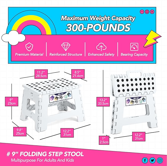 Delxo 9 Inch Kids Step Stool,300 Lbs Folding Step Stool for Toddler White | Foldable Step Stool,Non-Slip Foot Stools with Handle, Lightweight Collapsible Stool for Kitchen,Bathroom,Bedroom,Garden - Image 2