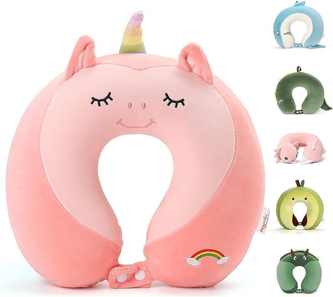 Memory Foam Kids Travel Neck Pillow for Ages 9+, Removable Cover, Unicorn | Machine washable, 17 in neck size for teens and adults, 360-degree head and chin support, car and airplane use by NiuniuDaddy