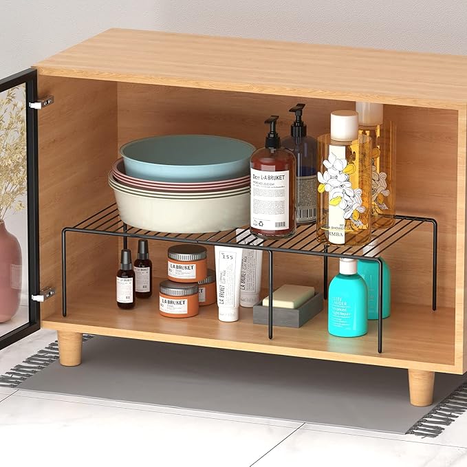 Kitchen Cabinet Expandable Shelf Organizers Set of 4, Adjustable Metal Wire Pantry Storage Shelves, Plate Dish Organizer Rack for Cabinets, Cupboard, Counter, Freezer, Countertop, Black - Image 5