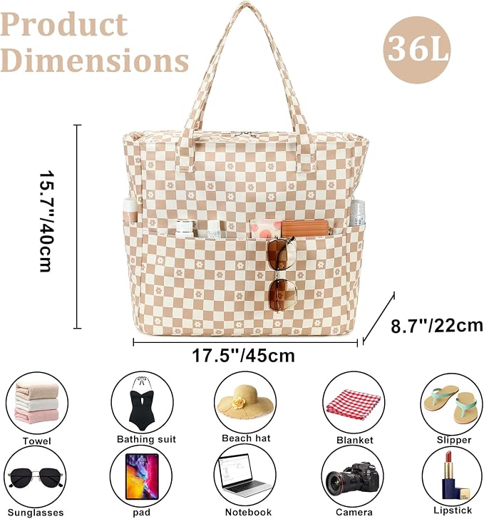 LEDAOU Large Beach Bag for Women, Waterproof Sandproof Tote Bag with Zipper | 36L Pool and Swim bag with Zipper, Wet/Dry pocket and 7 Pockets for Beach Days, Cruises, Vacations and Family travel - Image 7