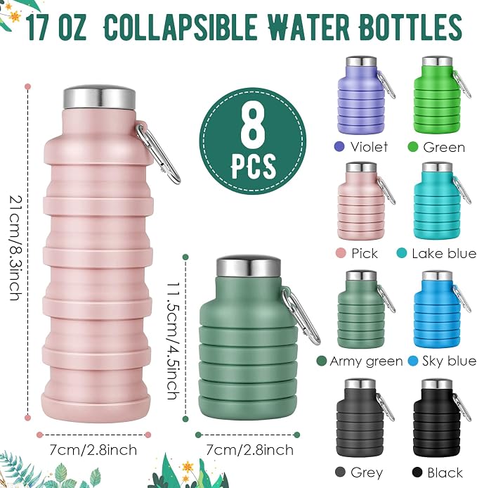 Lallisa 8 Pcs Collapsible Water Bottles Bulk, 17 oz Portable Reusable Silicone Water Bottle, Foldable Bottles for Travel Gym Camping Hiking, Leak Proof Sports Bottle with Carabiner(Fresh Colors) - Image 2