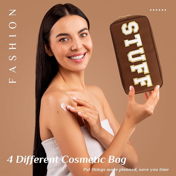 Preppy Makeup Bags Chenille Letter Stuff Bag Nylon Cosmetic Pouch Cases with Zipper for Women Travel Toiletry(Brown Set,Classic,4 Pcs) - Image 5