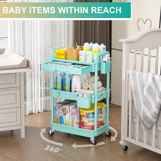 Goovilla 3 Tier Rolling Utility Cart Organizer with Removable Drawer, Blue | Stable and Sturdy Rolling Storage Carts with 2 Lockable Wheels for Bathroom, Kitchen, Snack, Craft, Makeup, Baby Essentials - Image 6
