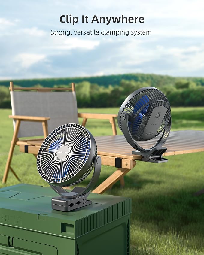 Koonie 8" Clip on Fan, 10000mAh Rechargeable Battery, Strong Airflow | 4 Speeds, Sturdy Clamp, Ideal Portable USB Desk Fan for Office, Golf Cart, Camping, Travel, Tent, Outdoor, Treadmill & Gym - Image 6