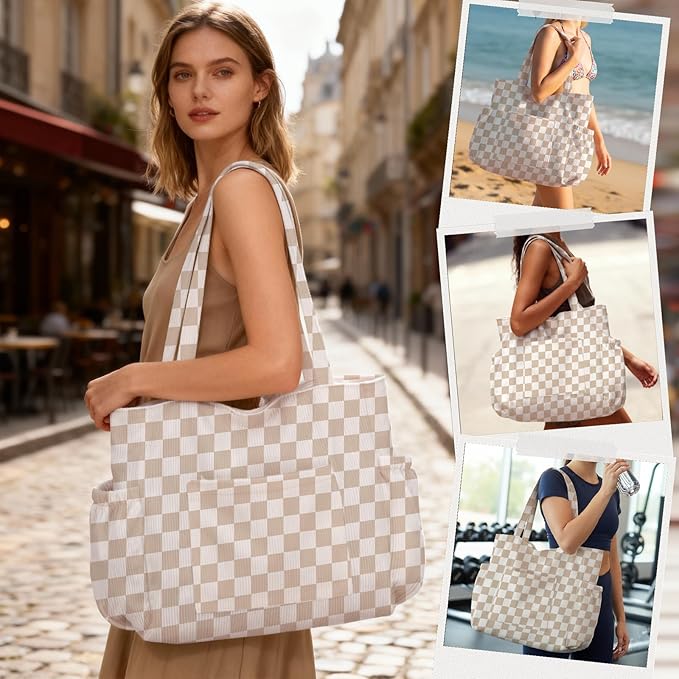 Corduroy Tote Bag for Women,Large Capacity Cute Tote Bags With 6 Pockets,Crossbody Shoulder Handbag for Work Travel Gym - Image 2