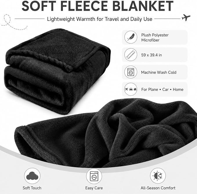 Travel Blanket and Pillow Set - Neck Pillow Airplane Essentials, Black | Memory Foam, Sleep Mask, Earplugs with Bag, Fleece Soft Comfort for Long Plane Flight Traveling Car Road Trip Flying - Image 5