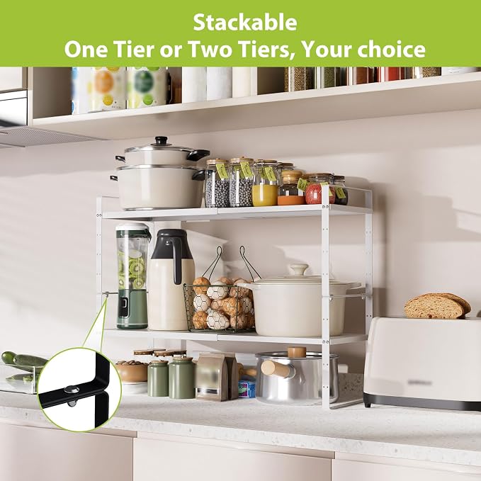 Expandable Cabinet Shelf Organizer Rack, Stackable Kitchen Counter Storage Shelves Stand, Adjustable Height Pantry Shelf Spice Rack (White-2 Pack, 8.7" D x 15.4-26.8" W x 9.8" H) - Image 6