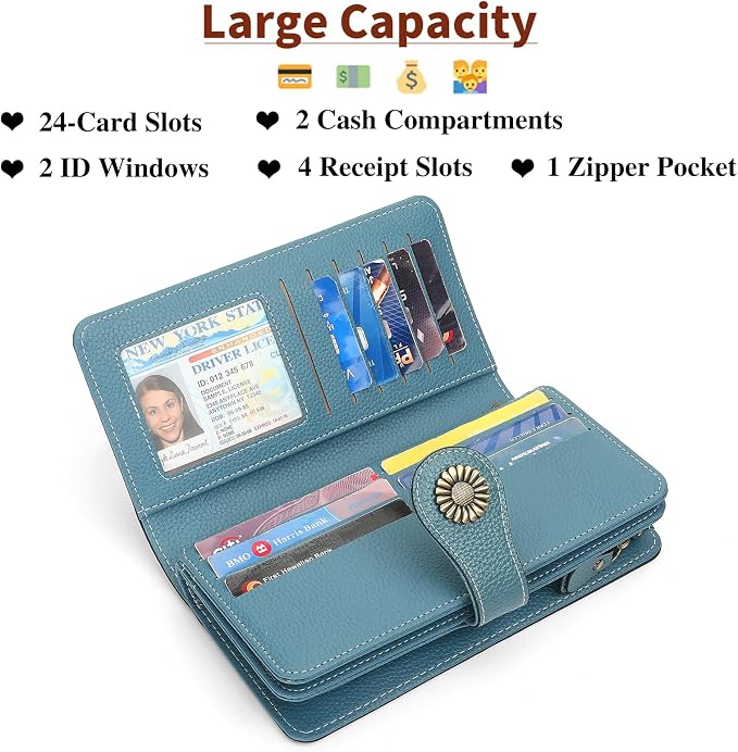 SENDEFN Wallets for Women Leather Credit Card Holder with RFID Blocking Large Capacity Wristlet | with RFID Blocking - Image 4