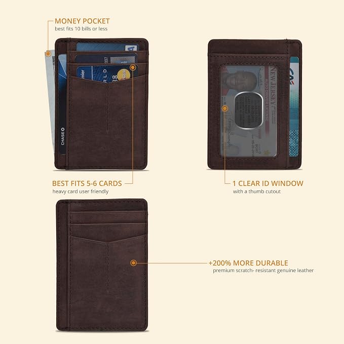 Slim Minimalist RFID Leather Wallet, Front Pocket Card Holder, Mid Brown - Image 2