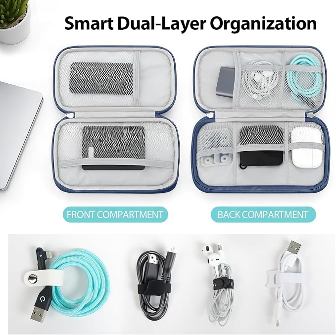 Double Layer Electronics Organizer Bag, Navy Blue | Water-resistant Oxford pouch with padded lining & 8 compartments. Compact 8.27x4.92in size. Includes 8 cable ties. - Image 3
