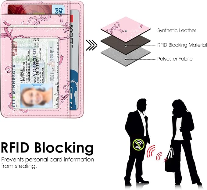 FINTIE Slim Front Pocket Wallet, RFID Blocking Credit Card Holder | Minimalist Card Cases with ID Window for Men Women, pink bow - Image 5