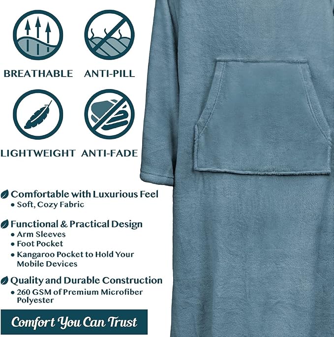 PAVILIA Fleece Blanket with Sleeves, Foot Pockets for Women Men Adults, Plush Wearable Blanket Throw Wrap, Warm Snuggle Blanket Robe, Cozy Gift Ideas Wife Mom, Dusty Blue - Image 4